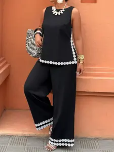 Plus Size Women's Two-Piece Set: Sleeveless Tank Top and Wide Leg Pants, with Trim, Summer Vacation