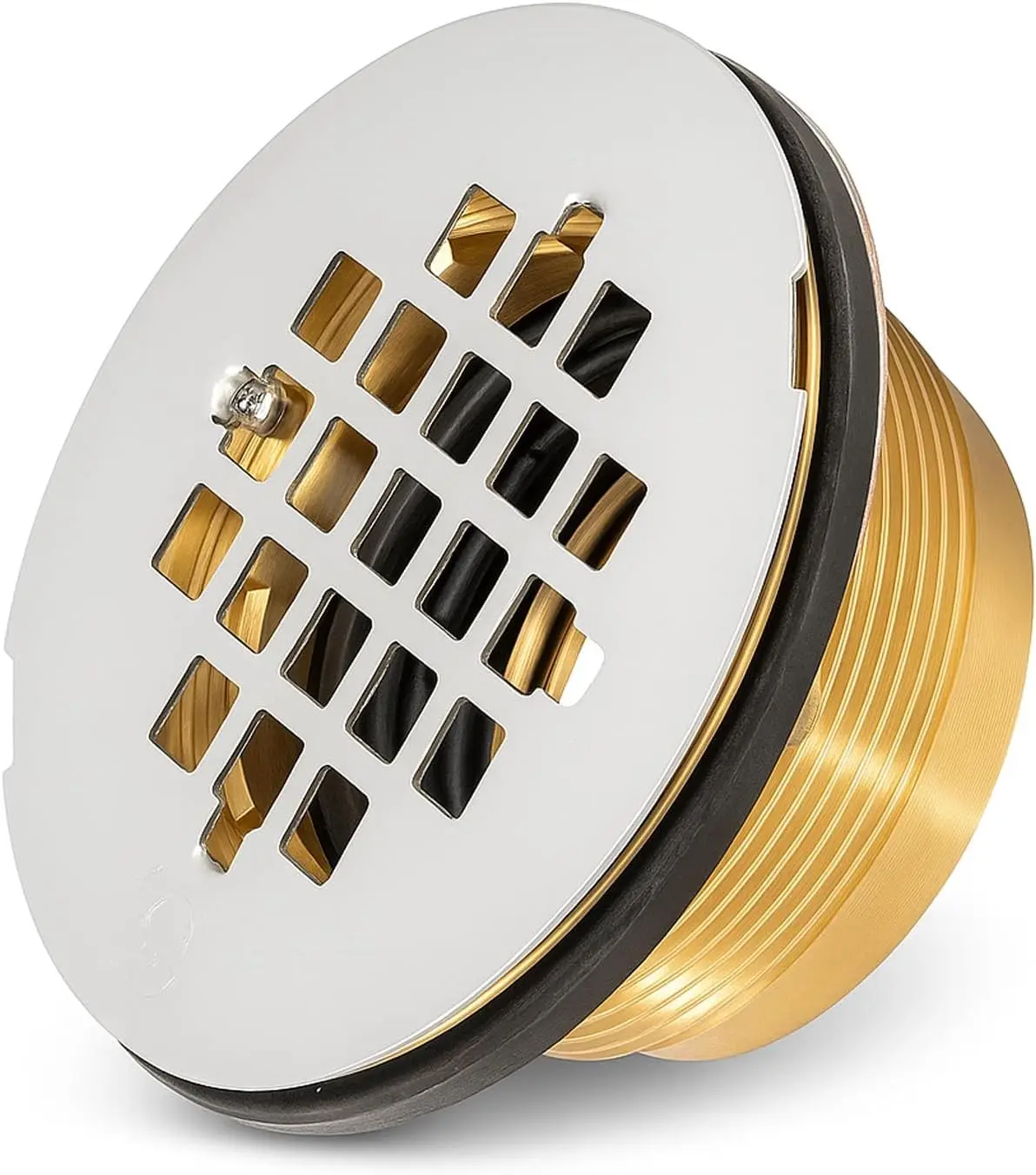 Solid Brass No-Caulk Compression Shower Stall Flange for 2" Drain Pipe with 4-1/4" Chrome Polished Stainless Steel Strainer