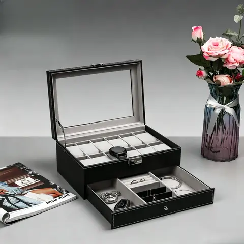 Sunnydaze 12-Slot Modern Plain Polyurethane Lockable Watch Storage Box, 2-Tier Universal Jewelry Organization Case with Glass Lid, Men's & Women's Jewelry Display Drawer