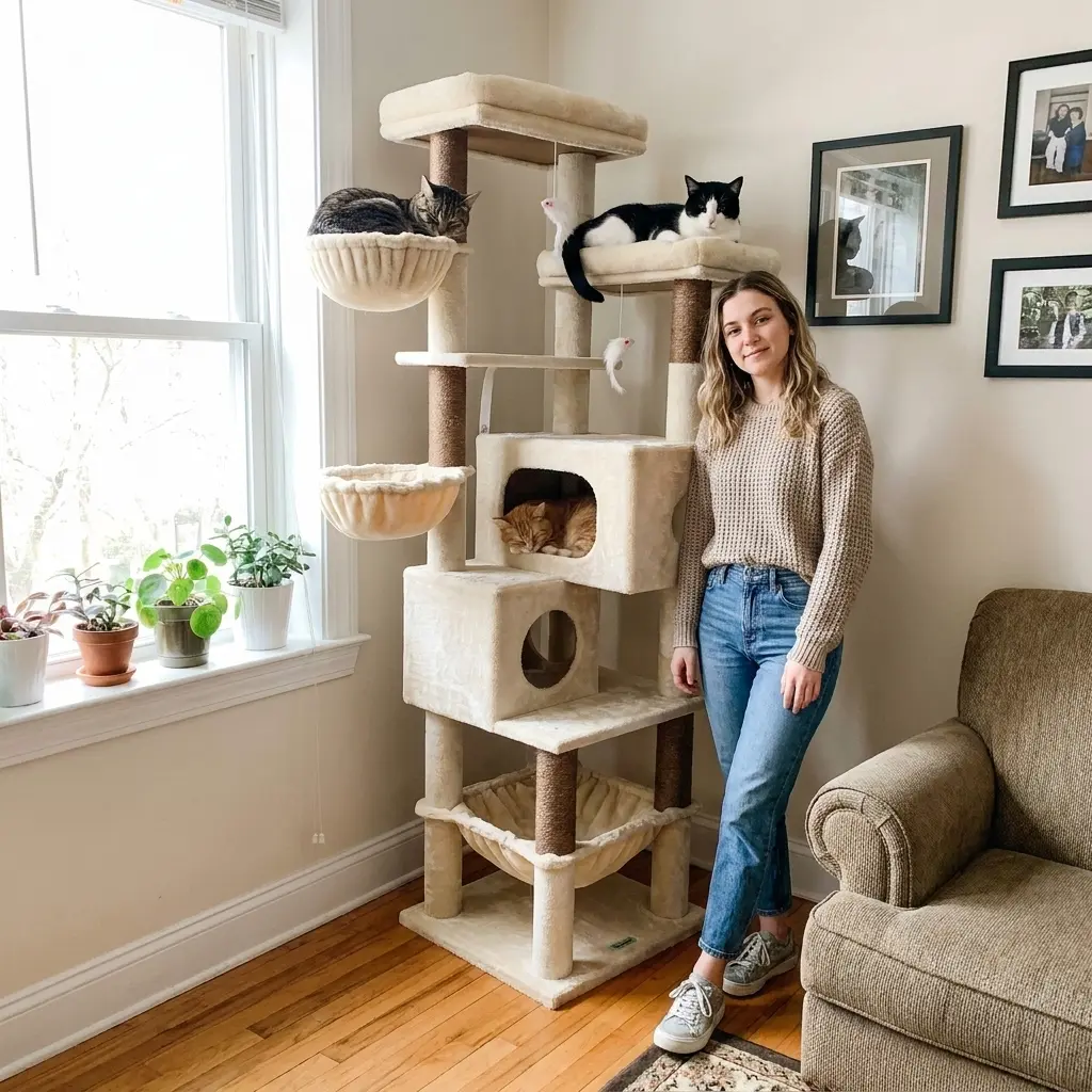 Globlazer S73, 73" Sturdy Cat Tree Condo with Multi-Level Shelf and 5 Scratching Posts, Ideal for Large Adult Cats' Relaxation
