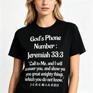 "Jeremiah 33:3 God's Phone Number" Bible Verse Graphic Tee |   Religious Christian Scripture Statement T-Shirt |   Plus-Size Church Prayer Casual Attire Top