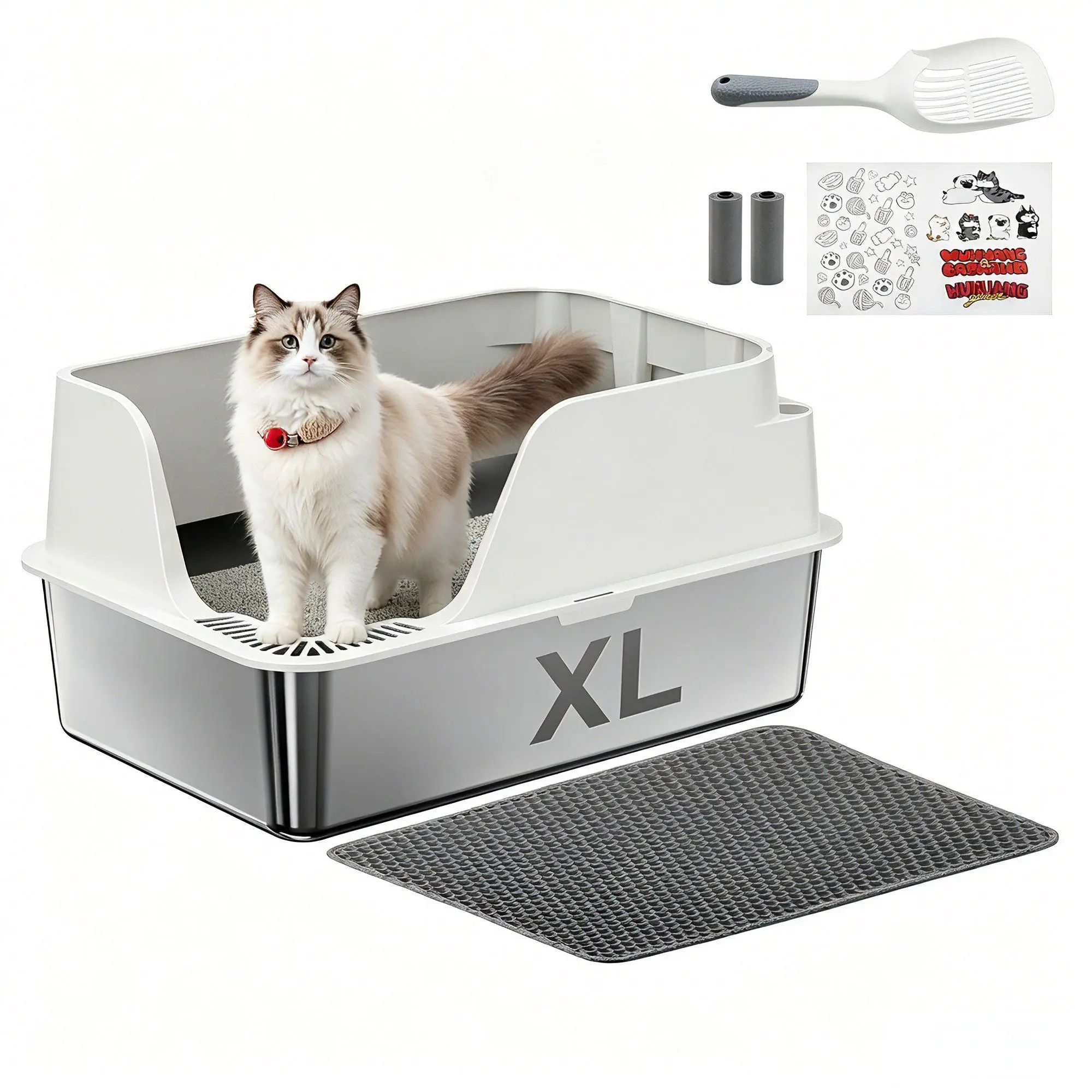 Ellenpent Stainless Steel Enclosed Litter Box - XL Metal High-Sided Leakproof Kitty Tray (23.6 x 15.9 x 12 inches) for Big Cats, Easy Maintenance, Non-Sticky, Includes Litter Mat, Trash Bags, Decorative Stickers & Spoon for Odor-Free Waste Disposal, Litte