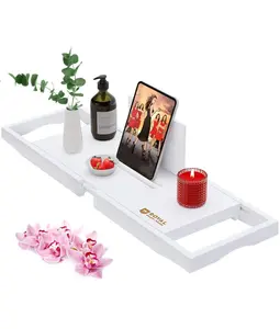 Royal Craft Wood Bathtub Tray Caddy, Luxury Adjustable Bamboo Tub Accessory, Bath Rack with cup Slot Holder, Phone/Tablet Holder, and Soap Holder