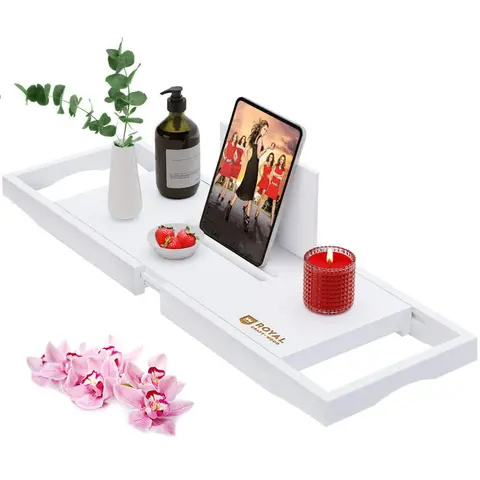 Royal Craft Wood Bathtub Tray Caddy, Luxury Adjustable Bamboo Tub Accessory, Bath Rack with cup Slot Holder, Phone/Tablet Holder, and Soap Holder