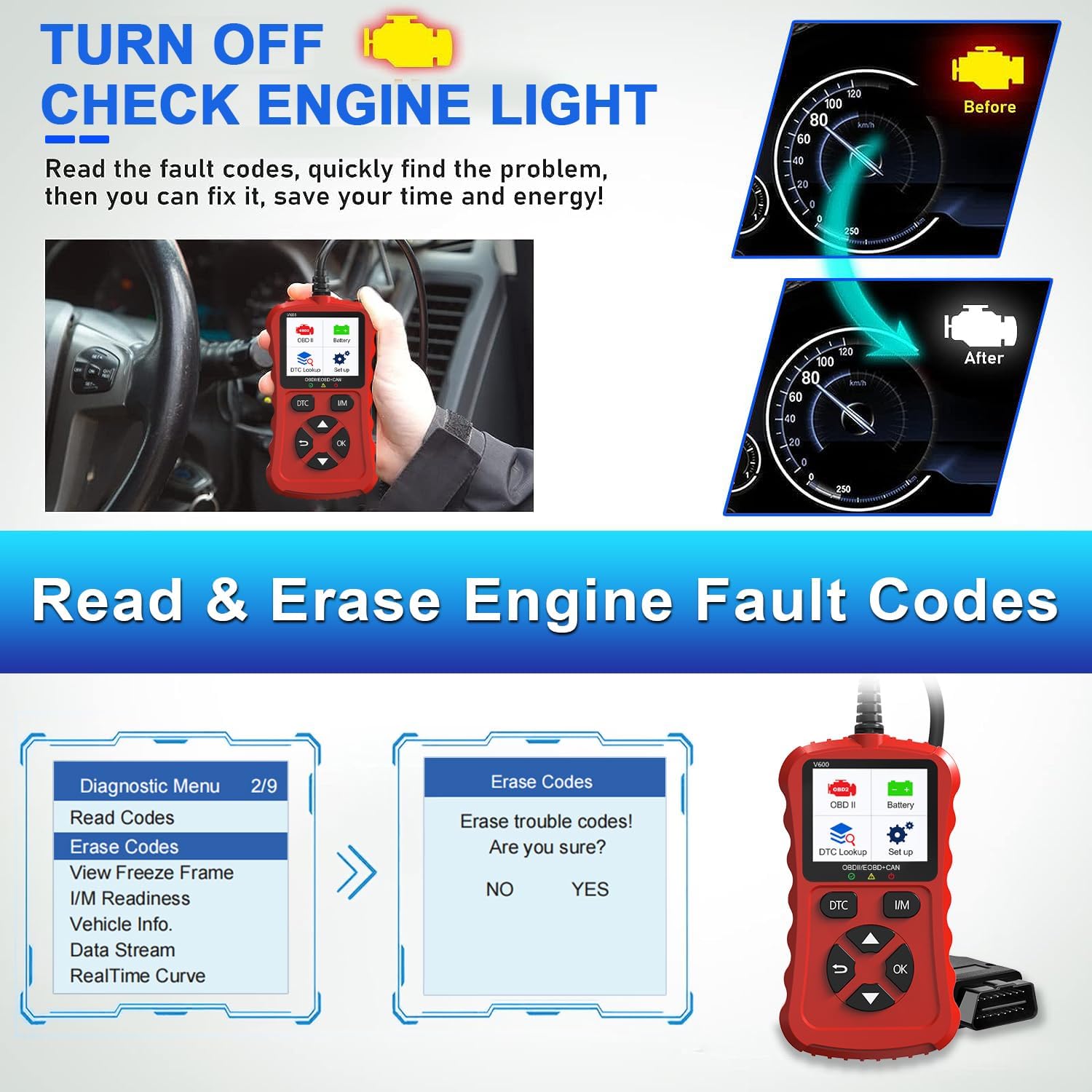 Voice-tank OBD2 Scanner Car Code Reader Support Voltage Test Plug and Play Fixd Car CAN Diagnostic Scan Tool Read and Clear Engine Error Codes for All OBDII Protocol Vehicles Since 1996