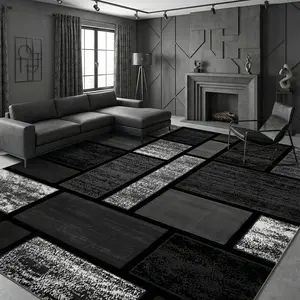 1pc Large Luxury Grey & Black Modern Bohemian/Geometric Rug Plush Large-Scale Rectangular Suitable for High-Traffic Areas Bedroom Machine Washable Soft with Non-Slip Backing