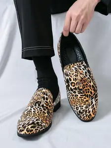 Men's Fashion Leopard Print Slip on Dress Shoes, Casual Comfortable Loafers for Summer, Lightweight Breathable Shoes for Daily Wear, Boy, Pu Leather Shoes