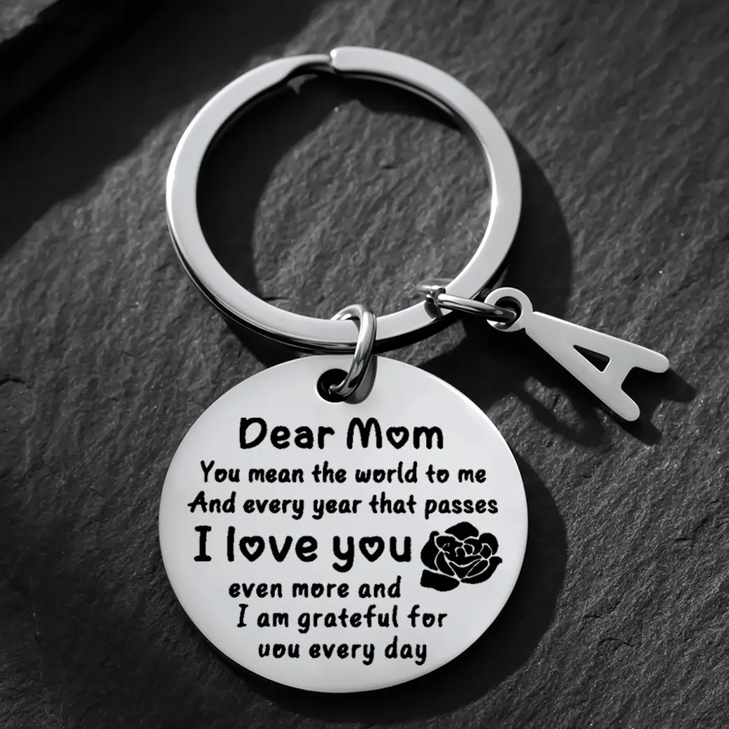Stainless Steel Round Heart Frame Keychain - Engraved "Dear Mom I Love You" & Rose Design, Engraving, Designer-Inspired Metallic, Custom Designs Accessory for Mom's Mother's Day, Birthday Gifts, Heart Frame Keychains, Engraving Keychains
