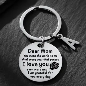 Stainless Steel Round Keychain, With Engraved "Dear Mom I Love You" & Rose Design, Heartfelt Mother's Day, Birthday, Christmas Accessory For Mom Personalized