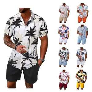 Men's Tropical Print 2-Piece Set Short Sleeve Button Down Hawaiian Beach Shirt & Shorts Breathable Casual Summer Tracksuit Gift Clothes Menswear Elastic Loose Outfit Stylish Sunglasses Top