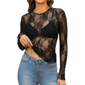 Womens Mesh Tops Lace Long Sleeve Shirts Crewneck Slim Fitted Outfits See Through Blouses