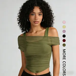 Asymmetric Ruched Mesh Crop Top – Sexy Off-Shoulder Party Top for Women