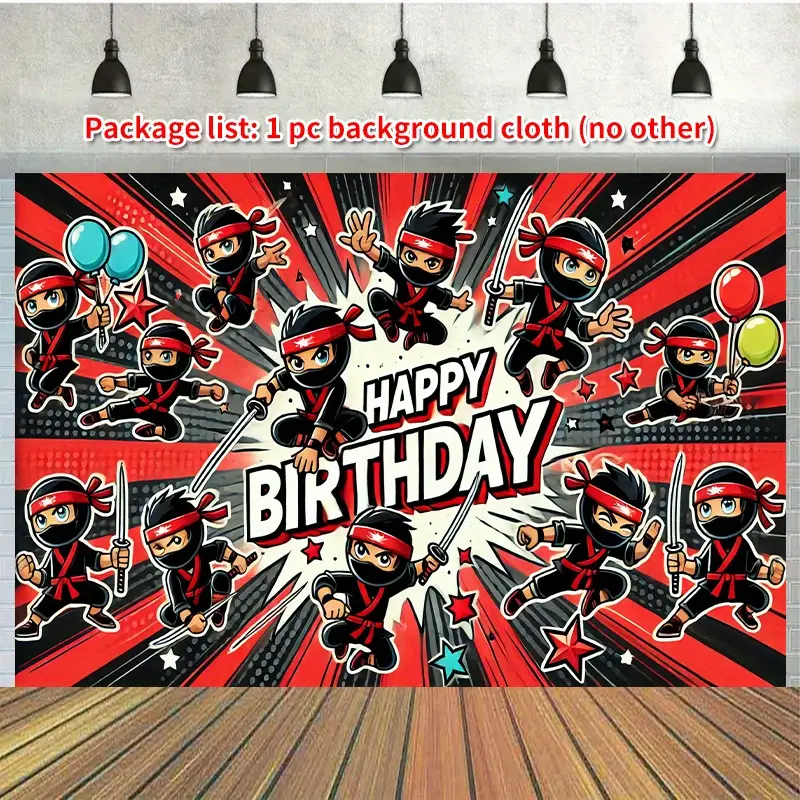 1pc Polyester Ninja-Themed Happy Birthday Backdrop, 70gsm Multipurpose Wall Hanging Banner for Home & Garden, Holiday Decor, No Power Needed, Ideal for Room & Outdoor Celebrations, Ninja Wall Art White