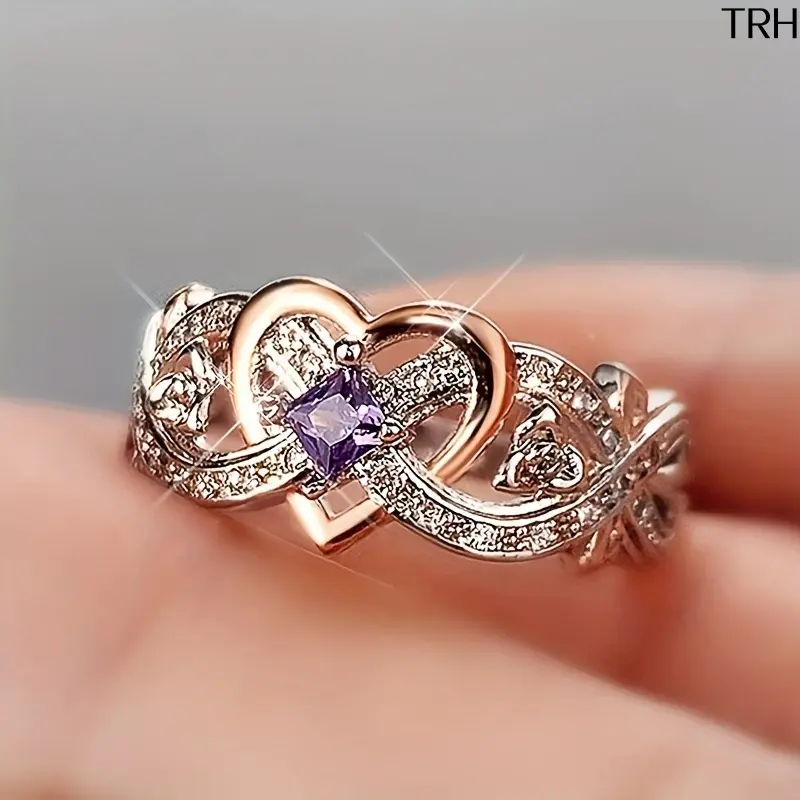 Two‑Tone Silver Rose Gold Women Ring, Interlocked Heart Design Ring, Princess Cut Purple Zircon Micro Pave Statement Band Ring, Elegant Hollow Love Promise Finger Ring for Wedding Engagement Birthday Party Daily Jewelry Gift