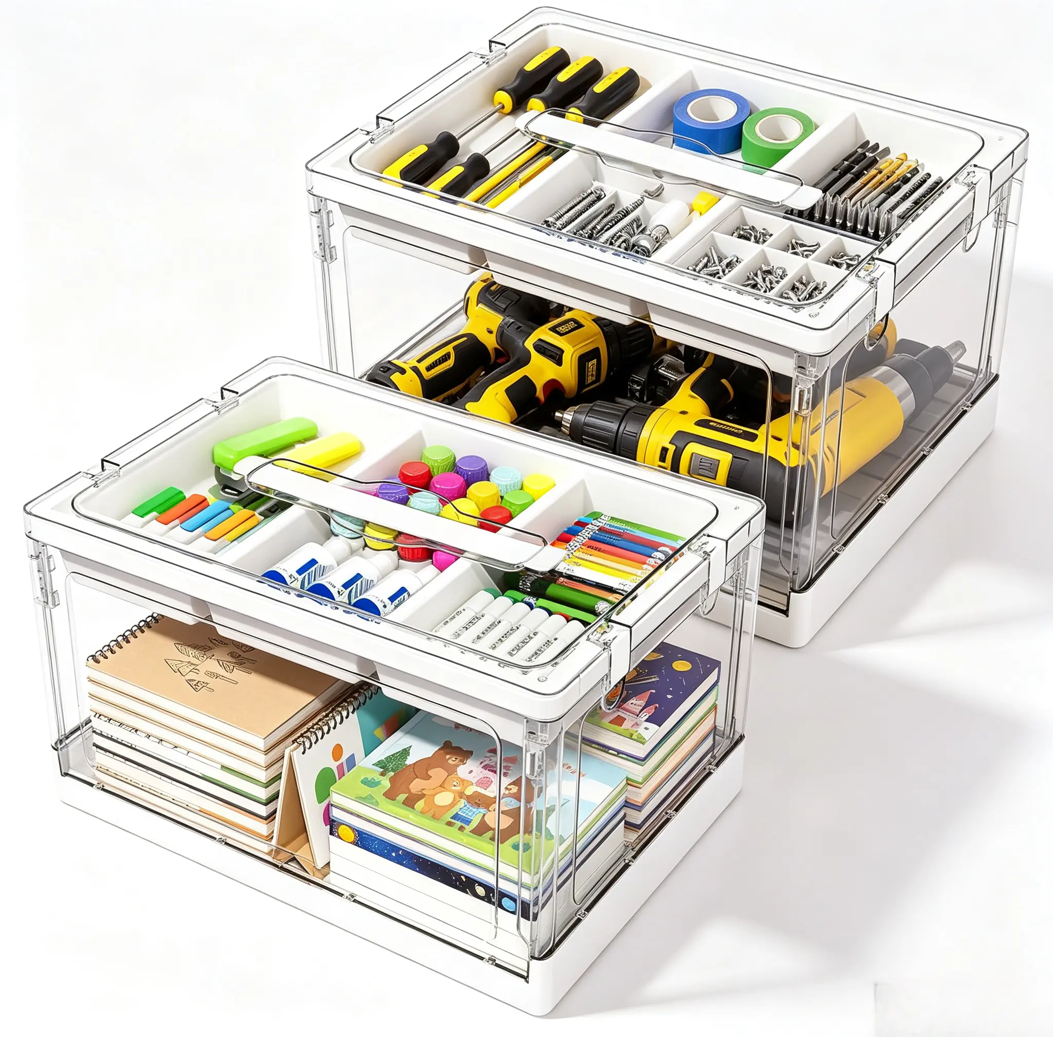 2 Pack 24QT Clear Craft Storage Box With Removable Tray Lidded Art Supply Organizer Container For Beads Markers Coloring Books Sewing Kits Play Dough And Crafts