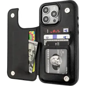 Compatible With IPhone 11/12/13/14/15/16 Pro Max Wallet Case With Card Holder, PU Leather Kickstand Card Slots Case, Double Magnetic Clasp And Durable Shockproof Cover 6.9 Inch (Black)