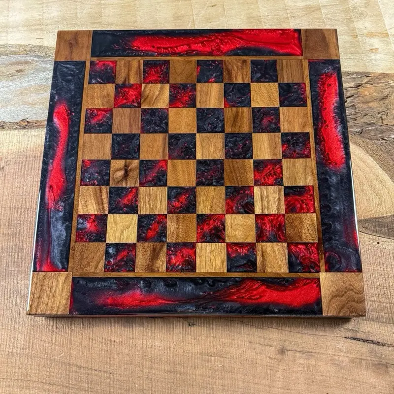 Black Onyx Red Lava Walnut Chess Board (PIECES INCLUDED)