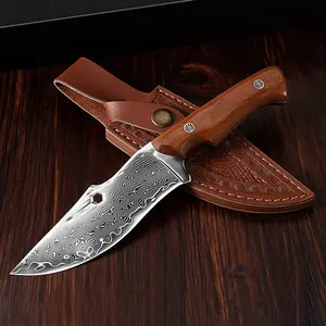 2026 New Premium Kitchen Fixed-blade Damascus Steel Knife with Leather Sheath Exquisite Craftsmanship Multi-functional Knife with Smooth Ergonomic Wooden Handle