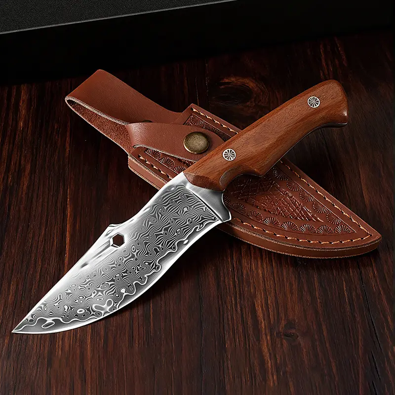 2026 New Premium Forged Handcrafted Damascus Metal Stainless Steel Kitchen Fixed-Blade Knife, Thick Smooth Ergonomic Wooden Handle, Wave Texture, Rustproof Multi-Functional, High-Quality Leather Sheath, Outdoor Use, Knives Kitchen Set Compatible