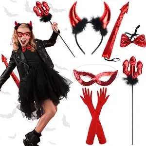 Girl Costume Accessories for Halloween Devil Horns Tail and Gloves Halloween Flashing Red Mask and Trident Masquerade Cosplay Carnival Costume Halloween for Women