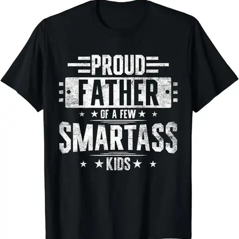 Men's 100% Cotton Casual Short-Sleeve T-Shirt - Menswear Top, Funny Fatherhood Graphic "Proud Father of Smartass Kids" Slogan, Fitted Round Neck, Novelty Father's Day Gift