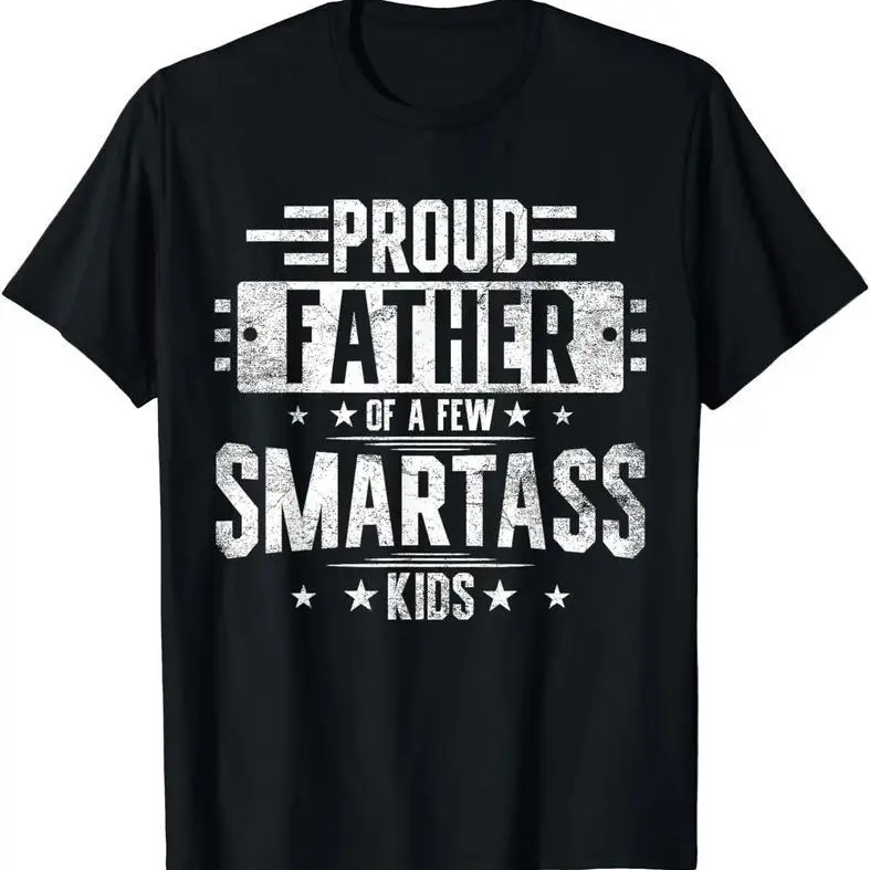 Men's 100% Cotton Casual Short-Sleeve T-Shirt - Menswear Top, Funny Fatherhood Graphic "Proud Father of Smartass Kids" Slogan, Fitted Round Neck, Novelty Father's Day Gift