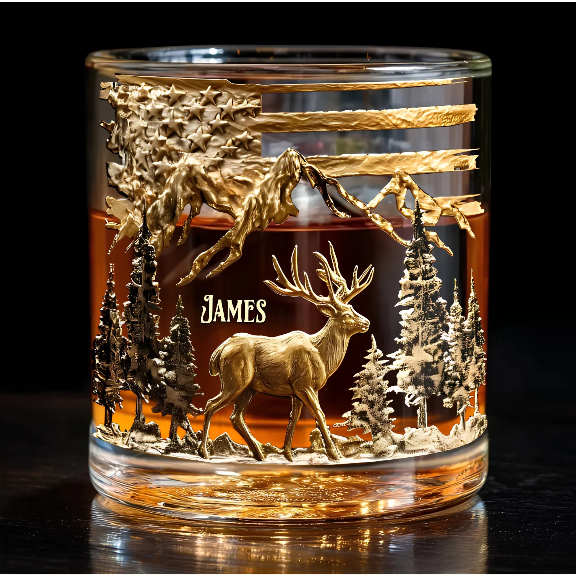 Personalized Elk Whiskey Glass, Custom Name Bourbon Rocks Glass, Mountain American Flag Engraved Scotch Glass, Hunter Gift for Dad, Grandpa, Husband, Groomsmen Gift for Men