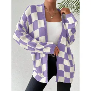 Women's Checkerboard Print Drop Shoulder Cardigan, Casual Fit Long Sleeve Open Front Knitwear for Fall & Winter, Women's Knit Clothing for Daily Wear Womenswear Purple Plaid Tops