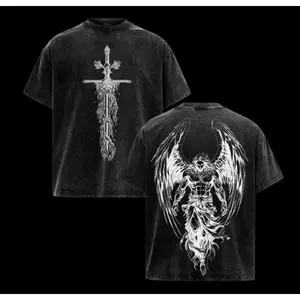 Men's Classic Oversized Ribbed Short-Sleeve Christian T-Shirt - Saint Michael Archangel Flaming Sword Graphic, Vintage Casual Cotton Day Top