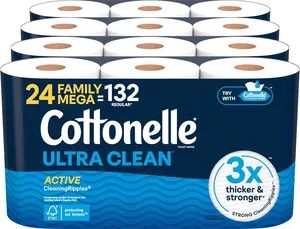 Ultra Clean Toilet Paper with Active CleaningRipples Texture, Strong Bath Tissue, 24 Family Mega Rolls = 132 Regular Rolls (4 Packs of 6)