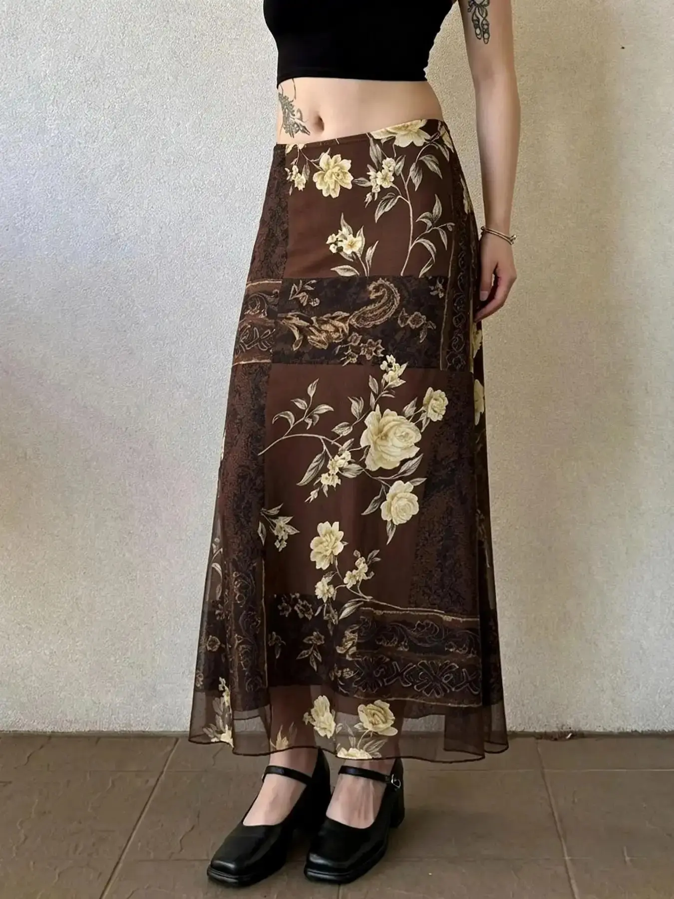 Vintage Mesh Midi Skirt, Y2K Low Waist Summer Grunge Boho Style, Slim-Fitting Plaid Pattern, Women's Vacation Casual Floral Printed flattering effortless go to date night mini skirt