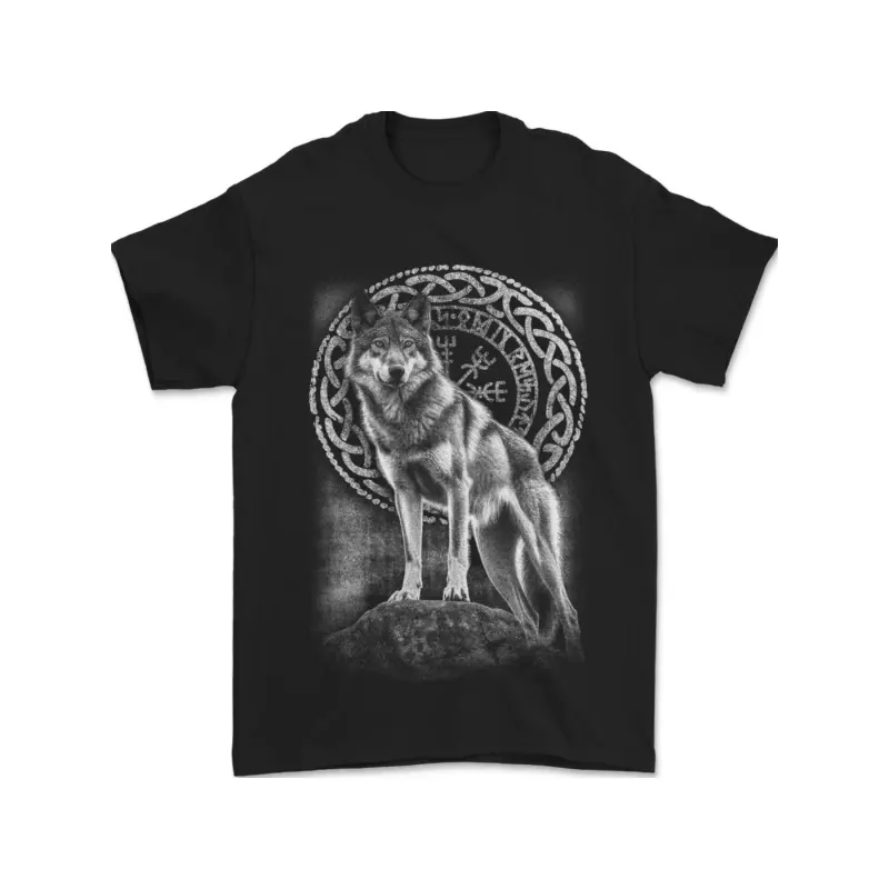 Men's 100% Cotton Casual-Fit Short-Sleeve Round-Neck Graphic T-Shirt, Nordic Wolf Viking Pattern Top for Parties, Outdoor Activities, Tshirt
