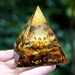 Bohemian Tiger Eye Life Flower Chakra Gold Leaf Decor Pyramid, Desktop Decoration, Christmas Gift, Spiritual Home Decor, Natural Gemstone, Chakra Energy Stone
