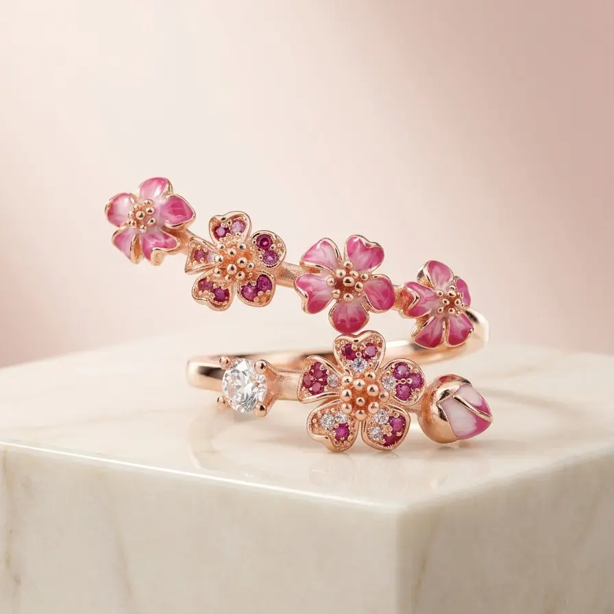 Rose Gold Pink Enamel Floral Shiny Crystal Cubic Zirconia Titanium Steel Adjustable Open Fashion Ring For Women, Perfect Birthday & Anniversary Gift Fits All Finger Sizes