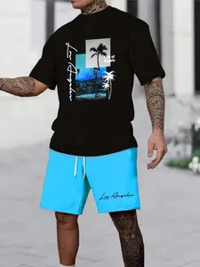 Men's Summer Hawaiian Print Two-Piece Set, Round Neck Short Sleeve T-Shirt & Drawstring Pocket Shorts, Casual Outdoor Sportswear