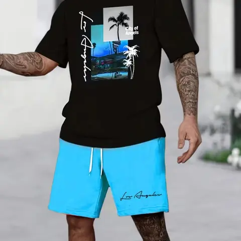 Men's Summer Tropical Hawaiian Print Two-Piece Set, Round Neck Short Sleeve Knit T-Shirt & Drawstring Pocket Shorts, Casual Outdoor Sportswear, Summer Outfits Set