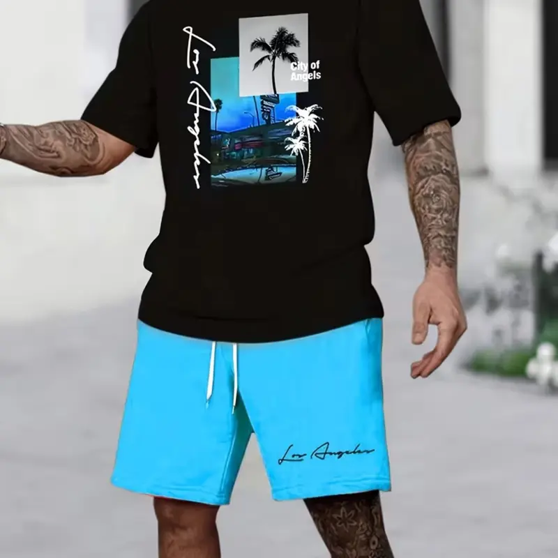Men's Summer Tropical Hawaiian Print Two-Piece Set, Round Neck Short Sleeve Knit T-Shirt & Drawstring Pocket Shorts, Casual Outdoor Sportswear, Summer Outfits Set