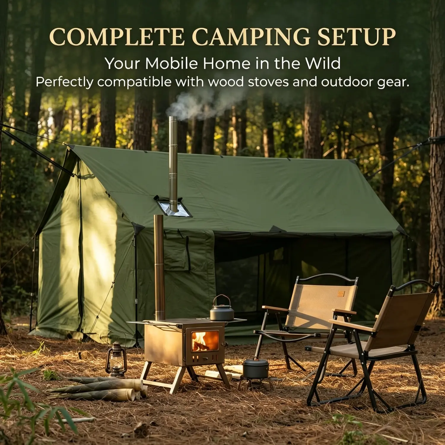 Dandelion Shell Hammock Hot Tent with Stove Jack and Double-Sided mesh Windows - Spacious, Versatile Wall Tent with Snow Skirt(No Poles)-Green Waterproof & Windproof, Ideal for Camping, Backpacking
