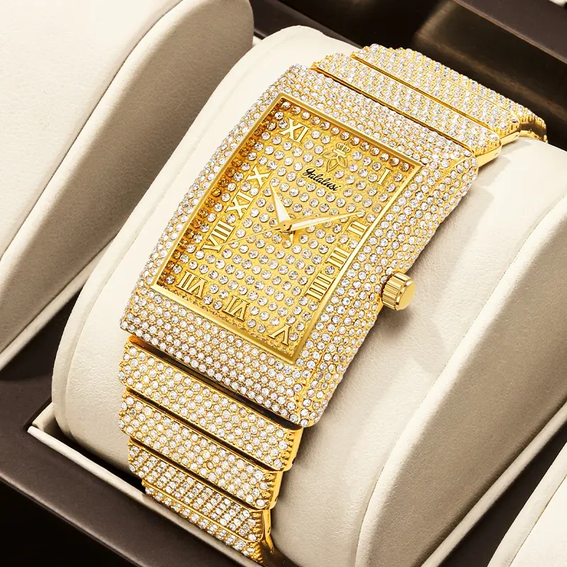 【ING】Unisex square synthetic cubic zirconia watch, golden & silver dual-tone design, embedded sparkling cubic zirconia, waterproof function, exquisitely adjustable, perfect gift for Christmas, birthdays, Valentine’s Day, and weddings – 1082