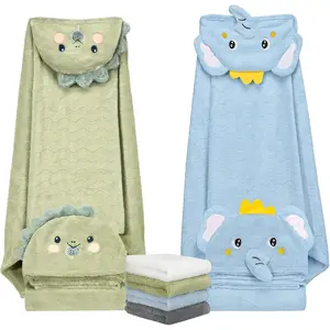 F-NG09  6 PCS Toddler Bath Towel Set for Boy Girl 0-5 Year, 2 PCS Thick Absorbent Hooded Baby Bath Towels Large 55" x 27.5" & 4 PCS Washcloths, Ultra Soft Gift for Infant, Toddler, Kids, Dinosaur & Elephant