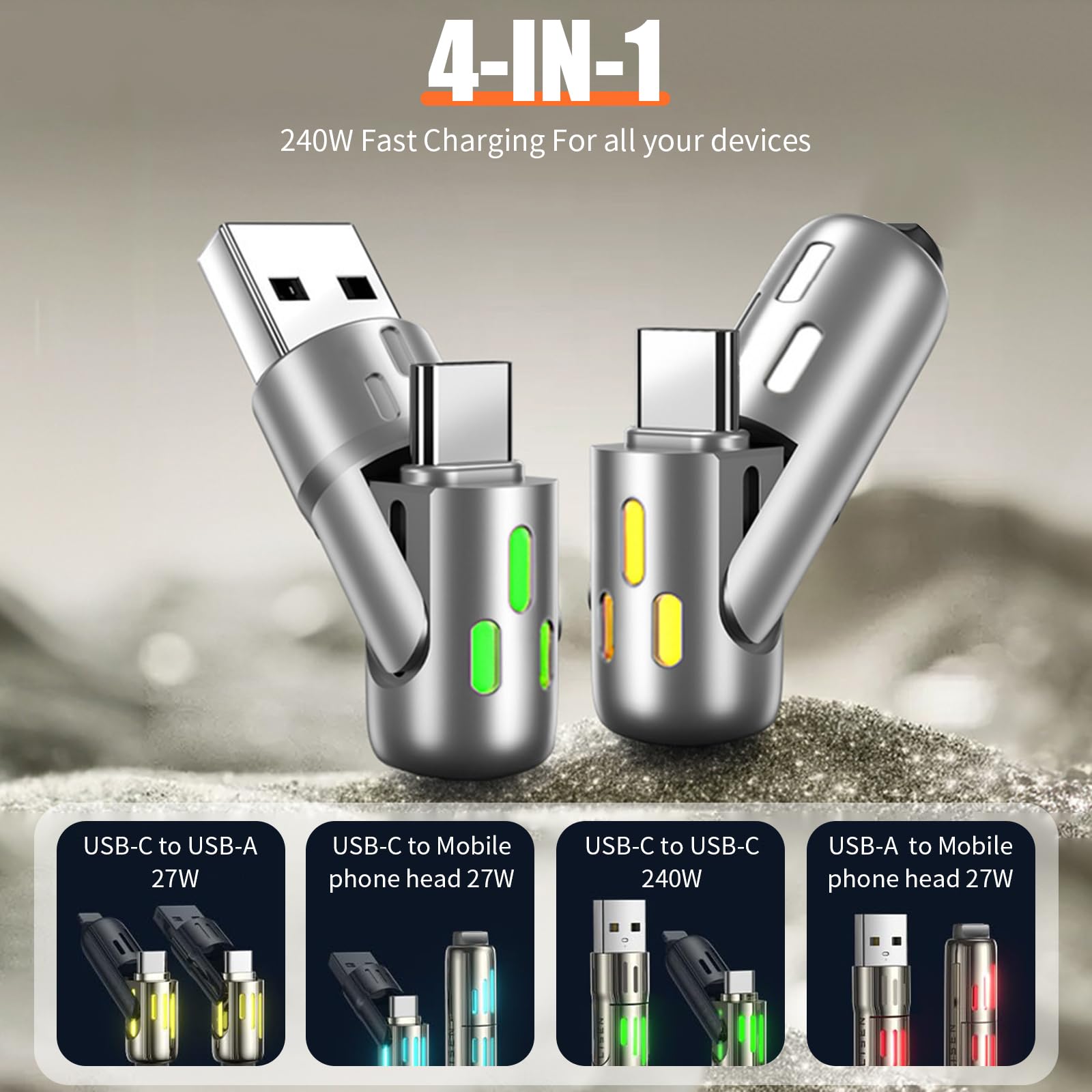 [Buy 1 Get 1 Free] 6.6ft  4-in-1 Multi USB Charging Cable with USB A,Type C,Lightning-MAX65W Fast Charging & Data Sync for iPhone16/15,iPad Pro,  fast charger usb cable 4-in-1 fast Breathing Light  -max 1 usb-c data 4 1 charging cable