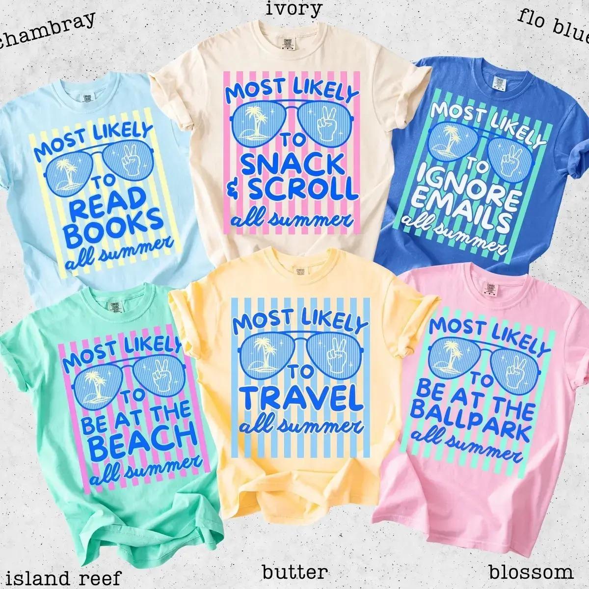 Custom Comfort Colors Summer Graphic Tee, Personalized Most Likely To Shirt, Funny Vacation T-Shirt, Retro Beach Travel Summer Tee, Custom Teacher Friend Family Gift