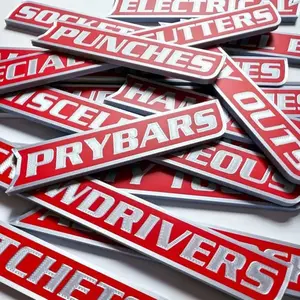 Set of 12 Magnetic Toolbox Labels - 3D Printed Metal Drawer and Cabinet Signs for Garage and Shop Organization - Identify Wrenches, Sockets, and Cartons