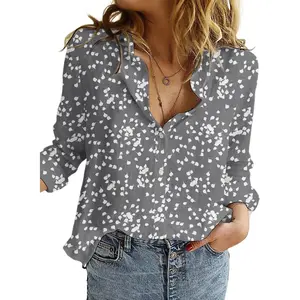 Dokotoo Women's Casual V Neck Alicia Floral Print Roll Up Long Sleeve Chiffon Button Down Blouses Bohemian Top Shirts