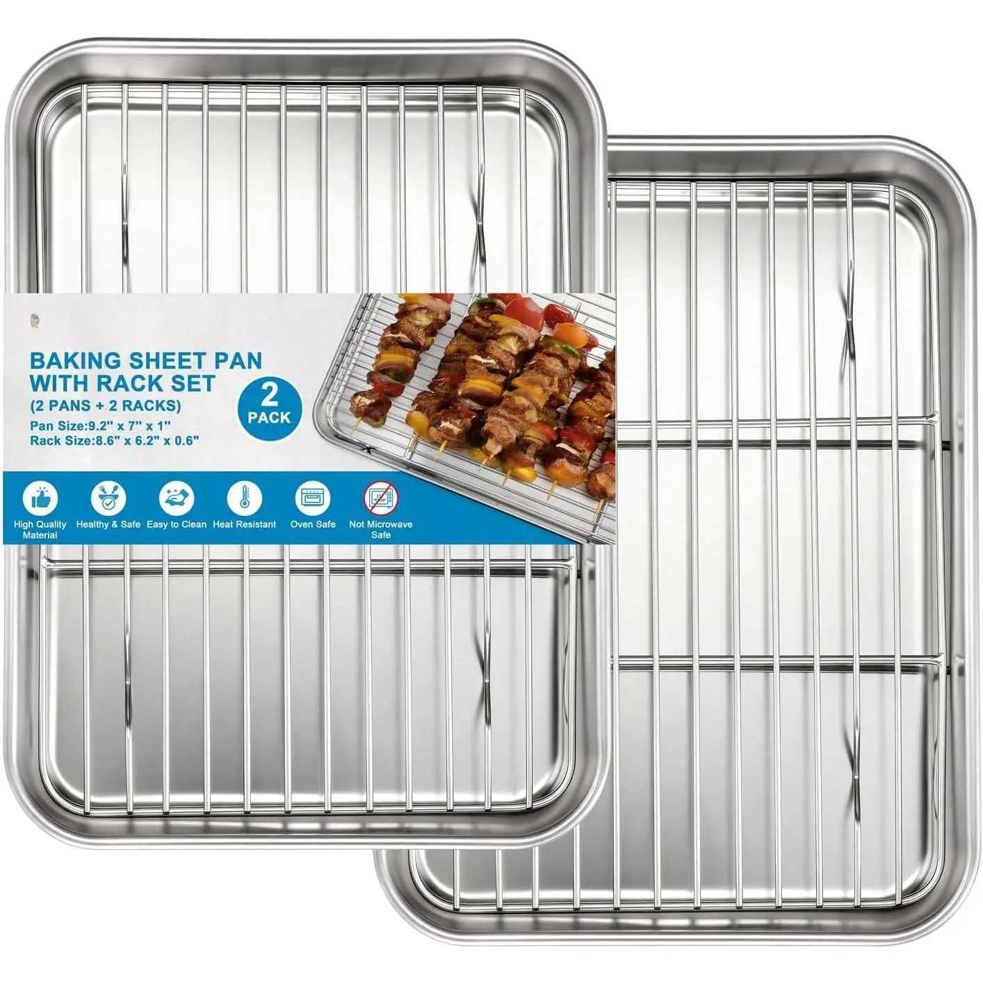 Baking Sheet with Wire Rack Set(2 Pans + 2 Racks), 9.2'' x 7'' x 1'' Stainless Steel Cookie Sheet Bakeware Set for Oven, Non  & Heavy Duty & Easy Clean- Small