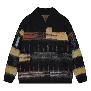 Bakyarder Oversized Polo Sweater Unisex Colorblock Wool Blend Pullover with Collared Neck