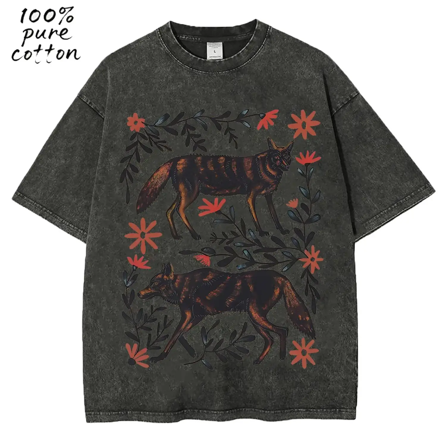 Unisex Vintage Washed Wolves Graphic Tee Oversized Distressed Colorful T Shirt Streetwear Style