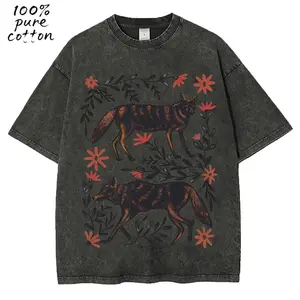 Unisex Vintage Washed Wolves Graphic Tee Oversized Distressed Colorful T Shirt Streetwear Style