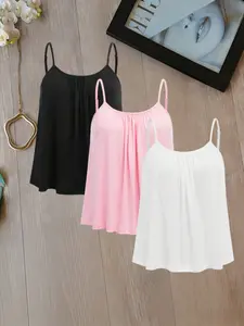 Women's Three-Piece Ruched Tank Top Set, Loose Flowy Adjustable Shoulder Straps, Summer Casual Basic Layering Tee