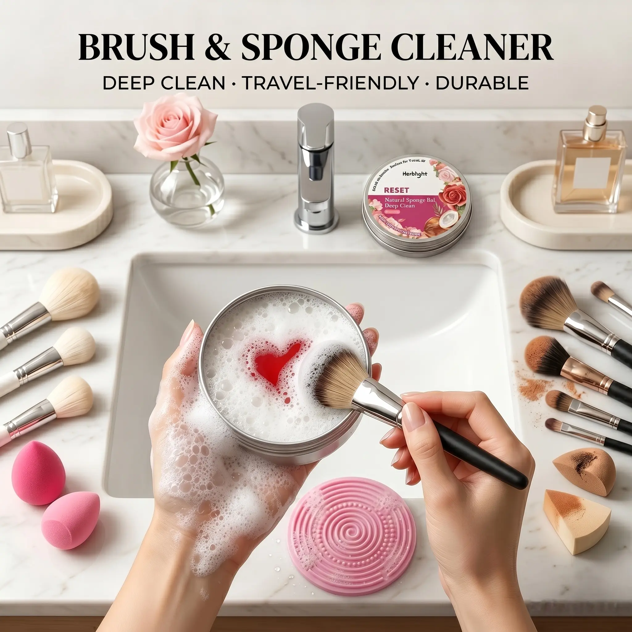 Herblight Makeup Brush & Sponge Cleaner, 2-in-1 Solid Balm Cleanser with Built-in Silicone Pad, Deep Cleaning Brush Soap, Travel-Friendly (Rose & Tea Tree)